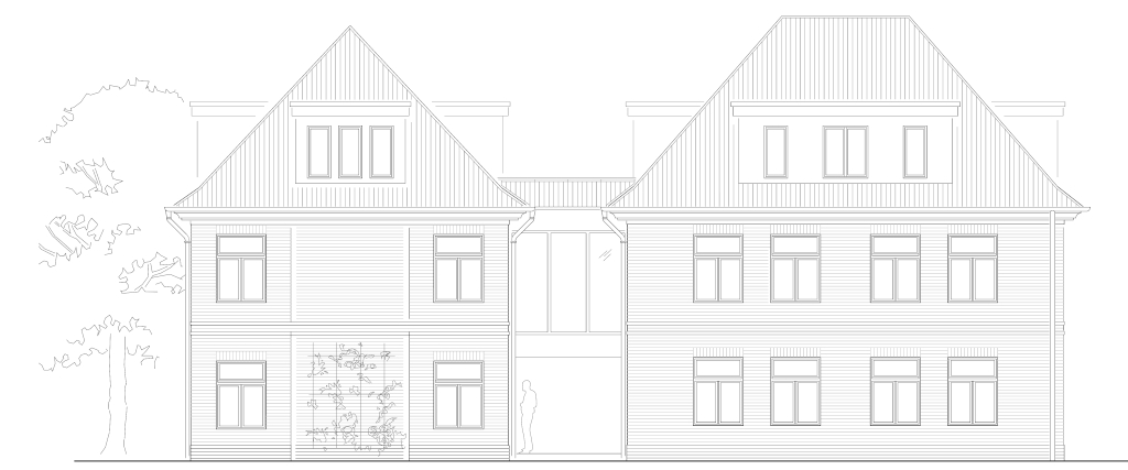 Nordostansicht des Mehrfamilienhauses August-Bebel-Straße 152 mit Rotklinkerfassade